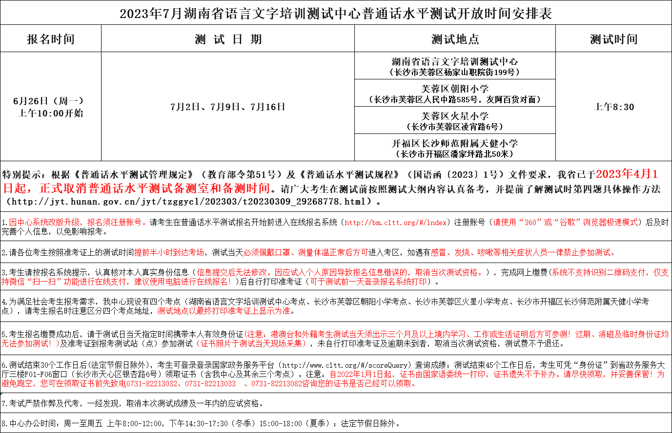 2023年7月湖南省语言文字培训测试中心普通话水平测试开放时间安排表